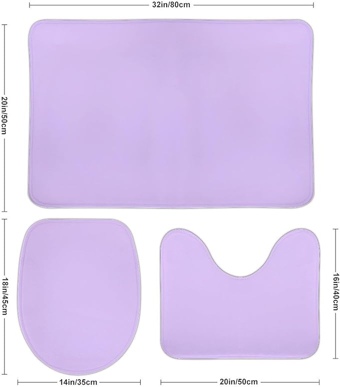 3 Pieces Bath Rug Sets, Light Lavender Trend Color Bathroom Mat Set Non Slip U Shaped Contour Rug & Toilet Lid Cover