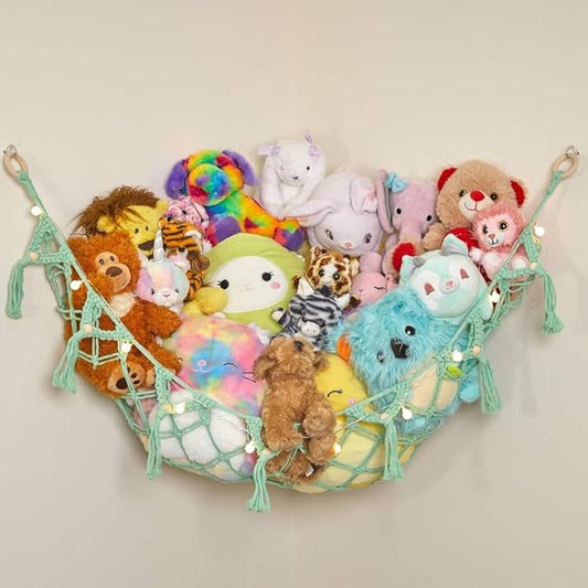 Lilly's Love Stuffed Animal Storage Macrame Hammock w/String Lights - Large, 2 Pack - Boho Decor Toy Storage - Corner Hanging Plushie Stuffed Animal Net Organizer (Mint)