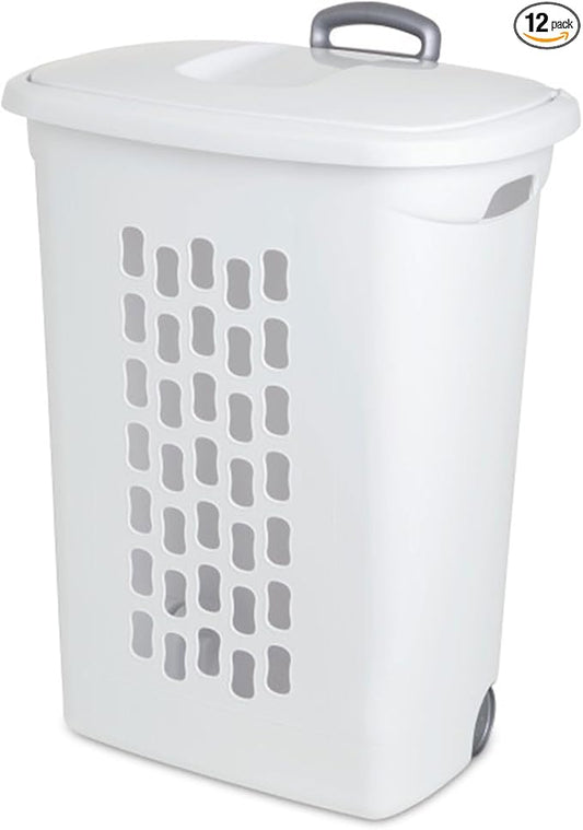 Sterilite 9-Pack Ultra Wheeled Hamper, Laundry Basket w/Flip-Top Lid & Retractable Handle - Plastic Rolling Clothes Storage Cart with Ventilated Holes for Home, Apartment or Dorm