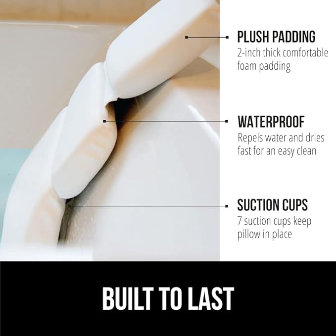 GORILLA GRIP Bath Pillow for Tub, Strong Suction Cups, Luxury Bathtub Pillows, Headrest Neck and Back Support, Relaxing Hot Tub and Home Spa Accessories, Bathroom Essentials, Gifts for Women, XL White