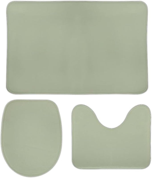 3 Pieces Bath Rug Sets, Sage Green Trend Color Bathroom Mat Set Non Slip U Shaped Contour Rug & Toilet Lid Cover