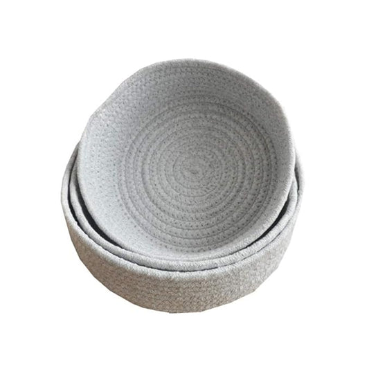 Cotton Rope Handmade Woven Home Storage Household Candy Toys Storage Basket Sundries Collection Box Candy Snack Food Tray SML Pack of 3 (Round, Grey)