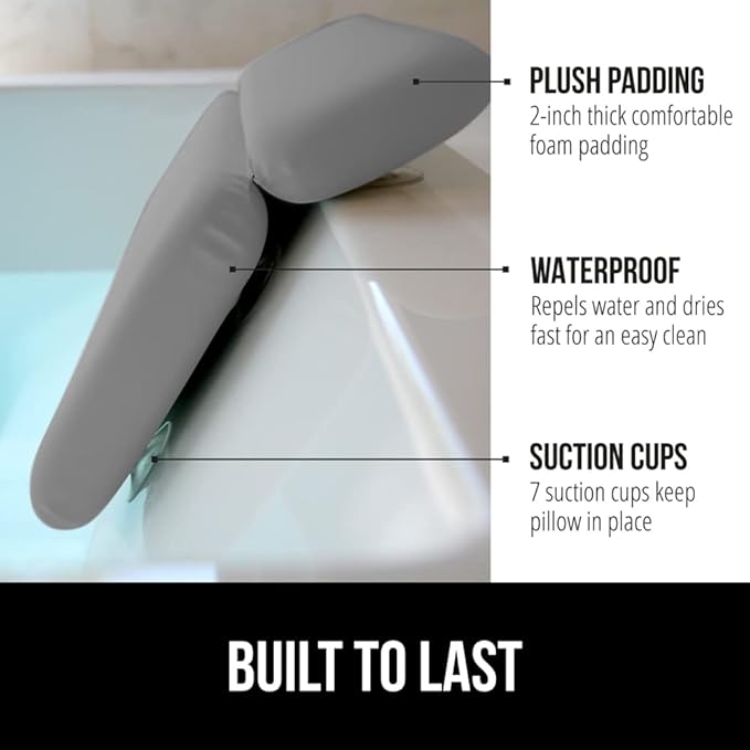 GORILLA GRIP Bath Pillow for Tub, Strong Suction Cups, Luxury Bathtub Pillows, Headrest Neck and Back Support, Relaxing Hot Tub and Home Spa Accessories, Bathroom Essentials, Gifts for Women, Gray