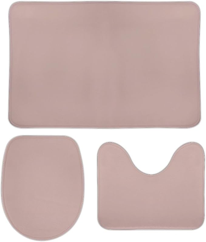 3 Pieces Bath Rug Sets, Dusty Pink Trend Color Bathroom Mat Set Non Slip U Shaped Contour Rug & Toilet Lid Cover