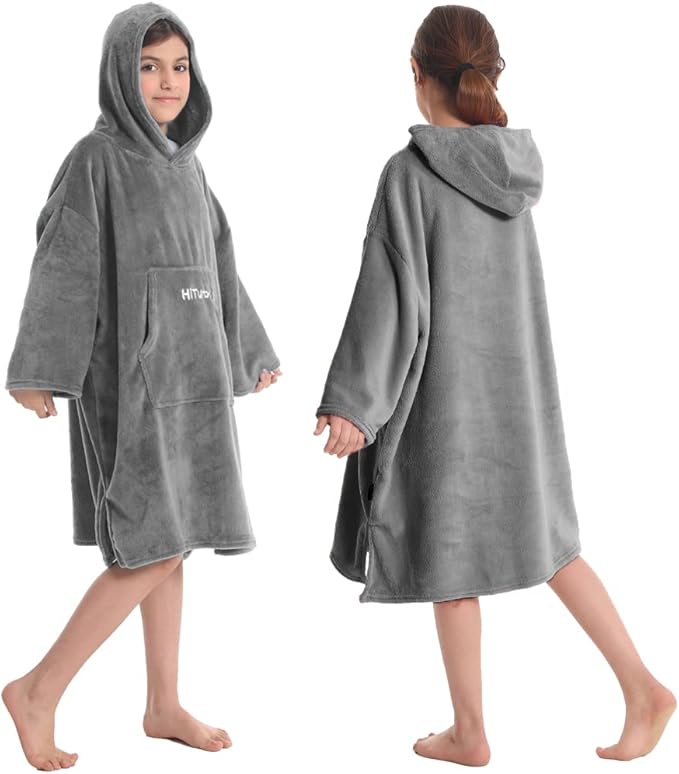 Hiturbo Kids Towel Changing Robe: Soft Plush Wearable Blanket - Warm Coral Fleece Hoodie - Swim Surf Poncho for 5-12 Years (Gray)