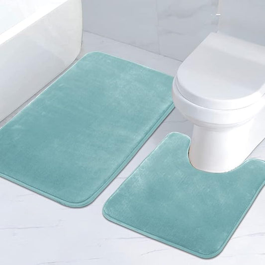 H.VERSAILTEX Bath Mat Memory Foam Set Bathroom Rug Set Flannel Velvety Bath Mat Luxury Extra Soft and Absorbent Non Slip Rugs for Bathroom/Bedroom (Curved Set 24"x 36" Plus 20"x 24"U, Eggshell Blue)