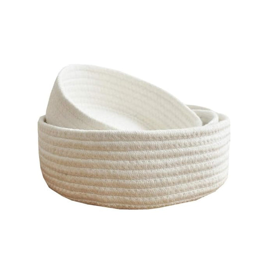 Cotton Rope Handmade Woven Home Storage Household Candy Toys Storage Basket Sundries Collection Box Candy Snack Food Tray SML Pack of 3 (Round, White)