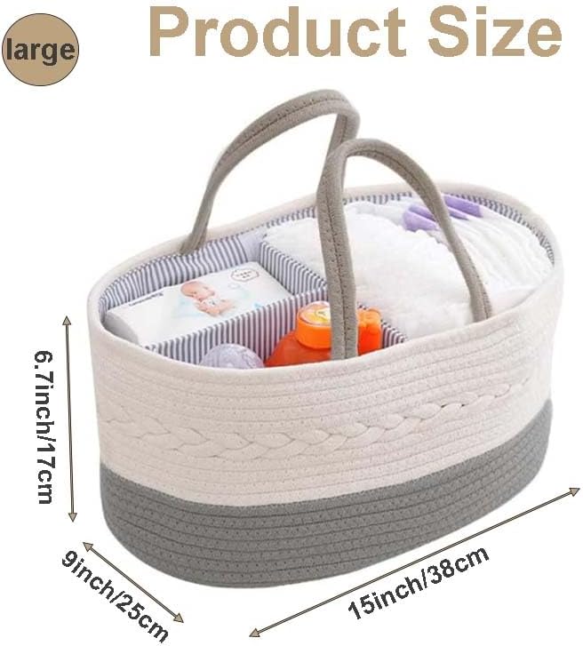 Diaper Caddy Organizer, Portable Nursery Storage Basket with Detachable Compartments,Cotton Woven Rope Baskets, Changing Table Basket