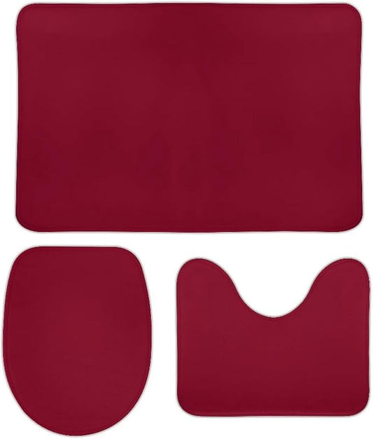 3 Pieces Bath Rug Sets, Solid Burgundy Red Bathroom Mat Set Non Slip U Shaped Contour Rug & Toilet Lid Cover