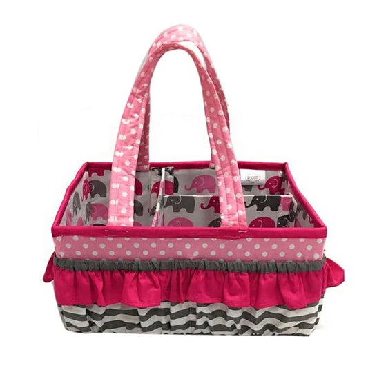 Bacati Elephants Girls Nursery Fabric Storage Caddy with Handles, Pink/Grey