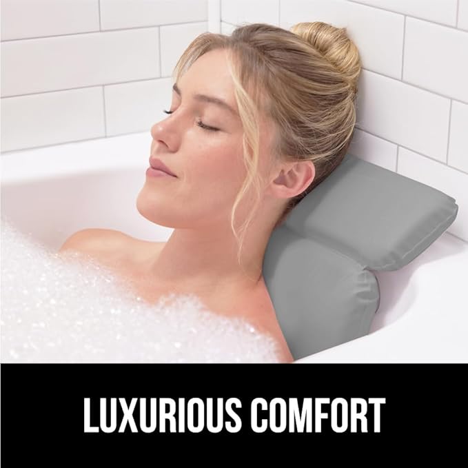 GORILLA GRIP Bath Pillow for Tub, Strong Suction Cups, Luxury Bathtub Pillows, Headrest Neck and Back Support, Relaxing Hot Tub and Home Spa Accessories, Bathroom Essentials, Gifts for Women, Gray