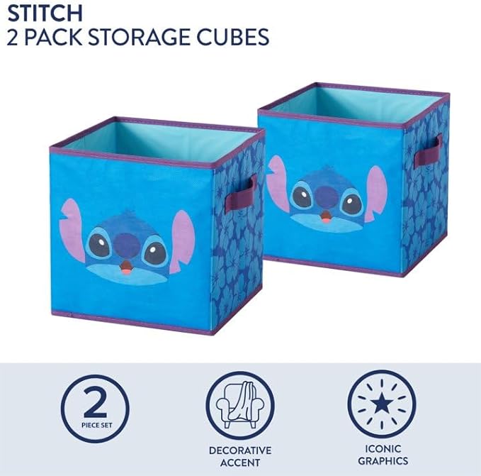 Disney Stitch Storage Bins,10" Collapsible Fabric Cubes, Pack of 2,Kids Organizer, Nursery & Bedroom Decorative Storage Boxes with Handles