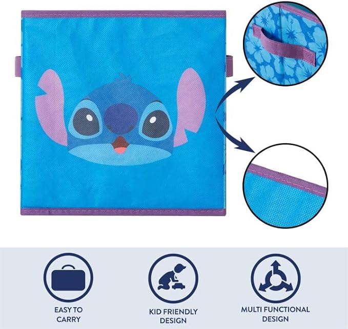 Disney Stitch Storage Bins,10" Collapsible Fabric Cubes, Pack of 2,Kids Organizer, Nursery & Bedroom Decorative Storage Boxes with Handles