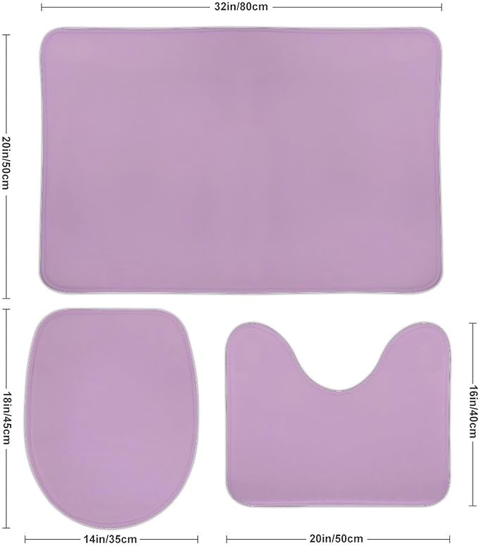 3 Pieces Bath Rug Sets, Purple Lilac Trend Color Bathroom Mat Set Non Slip U Shaped Contour Rug & Toilet Lid Cover