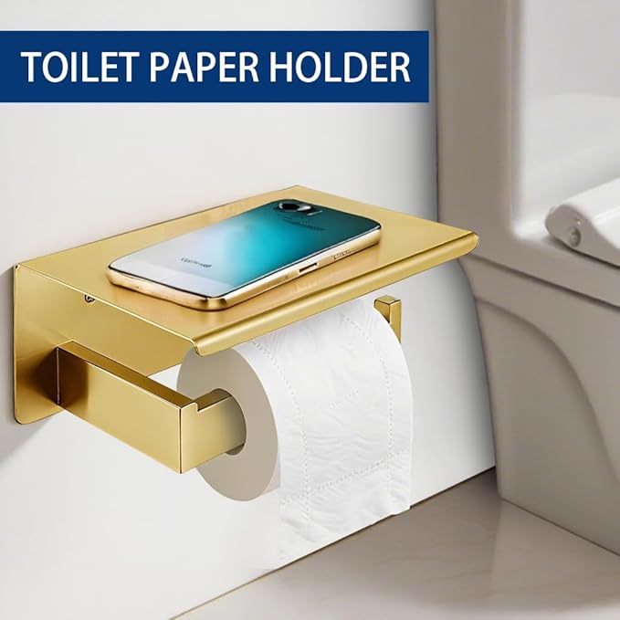 5 Pieces Bathroom Hardware Accessories Set Brushed Gold, 24Inch Bathroom Towel Rack Set SUS304 Stainless Steel, Square Toilet Paper Holder with Shelf Heavy Duty, Wall Mounted