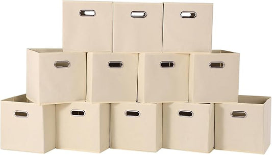 Foldable cube storage bins, Fabric Storage Box Cubes Organizer Baskets with Dual Handles for Home Organizer,Nursery,Shelves,Closet,Set of 12,(Creamy-White)