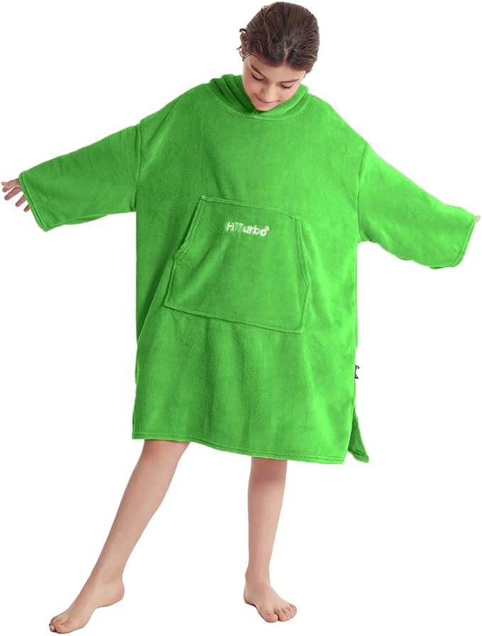 Hiturbo Kids Towel Changing Robe: Soft Plush Wearable Blanket - Warm Coral Fleece Hoodie - Swim Surf Poncho for 5-12 Years (Green)