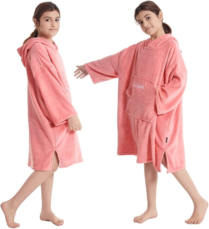 Hiturbo Kids Towel Changing Robe: Soft Plush Wearable Blanket - Warm Coral Fleece Hoodie - Swim Surf Poncho for 5-12 Years (Pink)