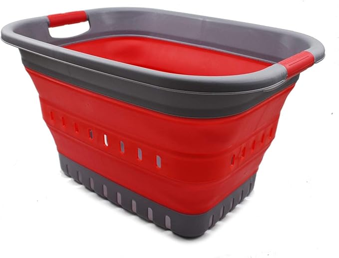 SAMMART 37L (9.77 gallon) Collapsible Plastic Laundry Basket - Foldable Pop Up Storage Container/Organizer - Space Saving Hamper/Basket (1, Grey/Red)