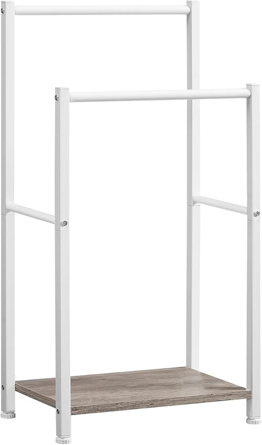HOOBRO Free Standing Towel Rack for Bathroom, 2 Tier Blanket Rack, 16.5" L x 9.4" W x 31.5" H, Blanket Holder, Drying and Display Rack with Shelf, White and Grey WG02LB01