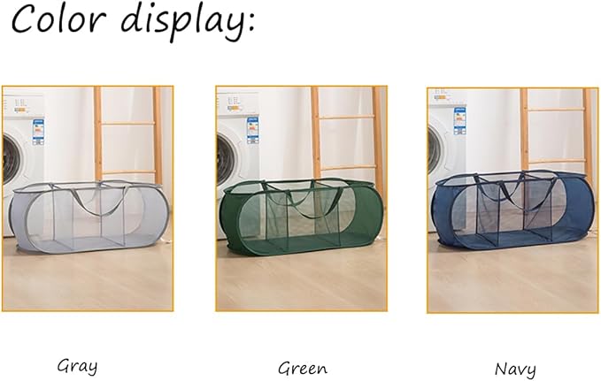 Mesh Laundry Hamper Basket, Sturdy 3 Compartments Laundry Basket, Foldable Pop up Laundry Hamper with Side Pocket for Laundry Room, Bathroom, Kids Room, College Dorm or Travel, Green