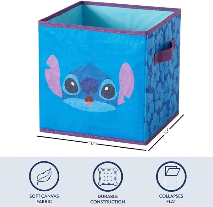 Disney Stitch Storage Bins,10" Collapsible Fabric Cubes, Pack of 2,Kids Organizer, Nursery & Bedroom Decorative Storage Boxes with Handles