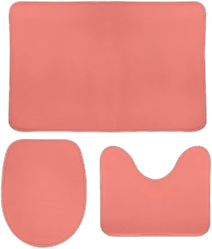 3 Pieces Bath Rug Sets, Solid Coral Pink Bathroom Mat Set Non Slip U Shaped Contour Rug & Toilet Lid Cover