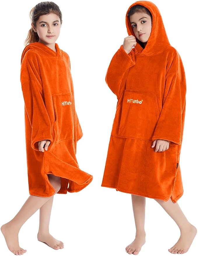 Hiturbo Kids Towel Changing Robe: Soft Plush Wearable Blanket - Warm Coral Fleece Hoodie - Swim Surf Poncho for 5-12 Years (Orange)