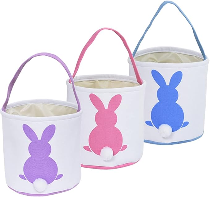 3 Pcs Easter Bunny Basket Bags for Kids - Canvas Cotton Carrying Gift and Eggs Hunt Bag, Fluffy Tails Printed Rabbit Toys Bucket Tote for Girls & Boys (Pink, Purple, Blue)