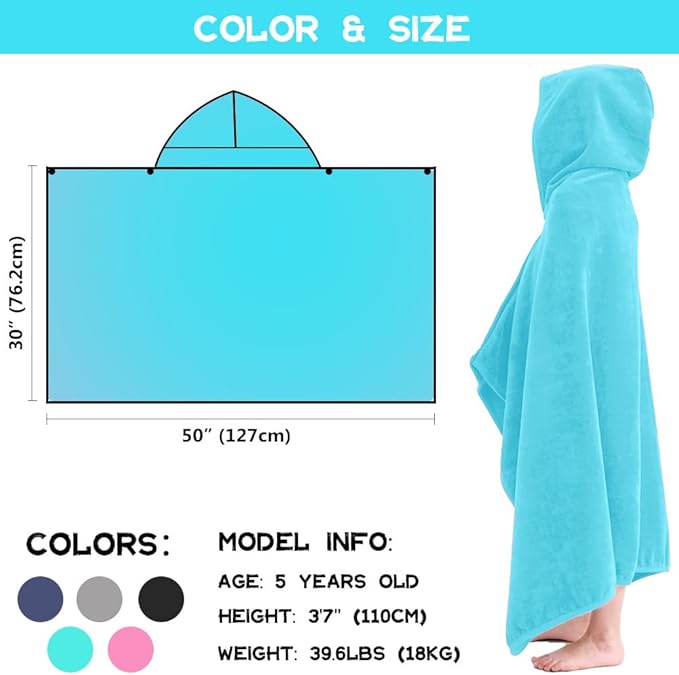 Hiturbo Kids Hooded Bath Towel: 100% Cotton Soft Thick Absorbent Towels Wrap - 50"x30" Shower Beach Pool Wearable Blanket for 3-12 Yrs Boys Girls - Blue