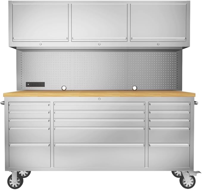 SINDA 72-inch Rolling Tool Cabinet Mobile Workbench Tool Chest with 15 Storage Drawers, Wheels, 3 Uper Cabinet, Outlet, SS Pegboard, Stainless Steel