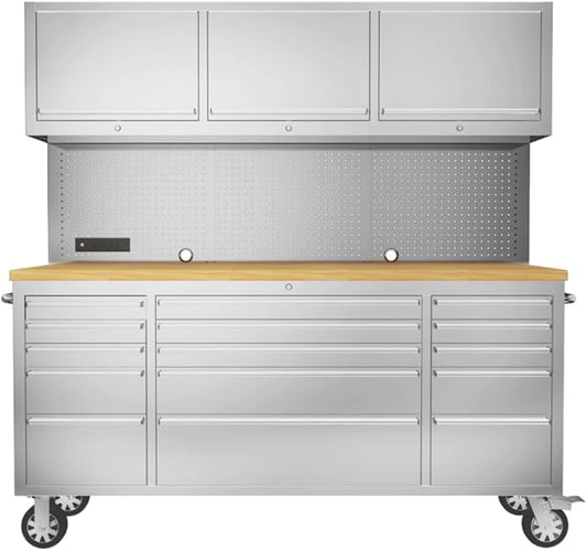 SINDA 72-inch Rolling Tool Cabinet Mobile Workbench Tool Chest with 15 Storage Drawers, Wheels, 3 Uper Cabinet, Outlet, SS Pegboard, Stainless Steel