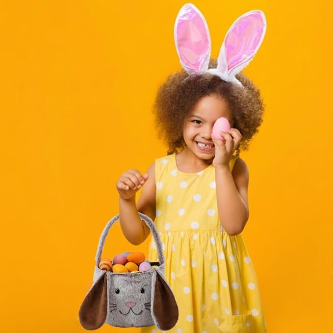 Easter Bunny Basket,Cute Easter Bucket Bags with Rabbit Ears for Eggs Hunting,Candy Gifts Storage (Brown/White)