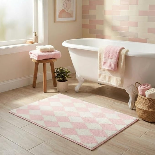 GRANNY SAYS Diamond Bathroom Rugs, 20" x 32", Non-Slip Bath Mats for Bathroom, Plush Shag Absorbent Microfiber Ultra Soft Bath Mat, Cute Washable Rug for Tub, Shower, Bedroom, Pink