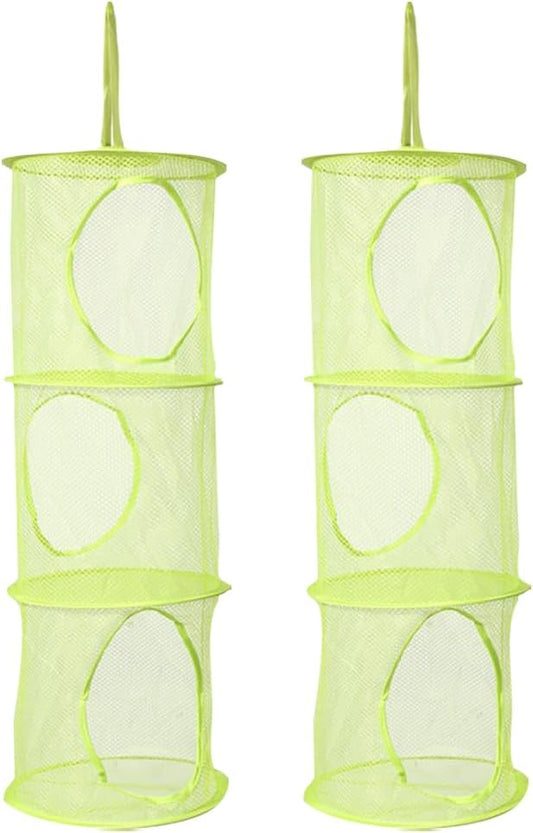 GSHLLO 2 Pcs Toy Storage Hanging Mesh 3 Compartment Organizer Net Stuffed Animal Hammock Foldable Organizing Baskets Clothes Hanger Organizer Bag for Room Bathroom Closet Green