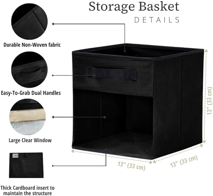 DECOMOMO Storage Cubes, 13 inch Cube Storage Bins with Window, Fabric Organizer Bins (13" / 6pcs, Black)