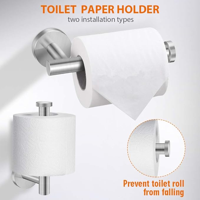 5-Pieces Bathroom Hardware Set Brushed Nickel SUS304 Stainless Steel Round Wall Mounted - Includes 24" Hand Towel Bar, Toilet Paper Holder, 3 Robe Towel Hooks, Bathroom Accessories Kit