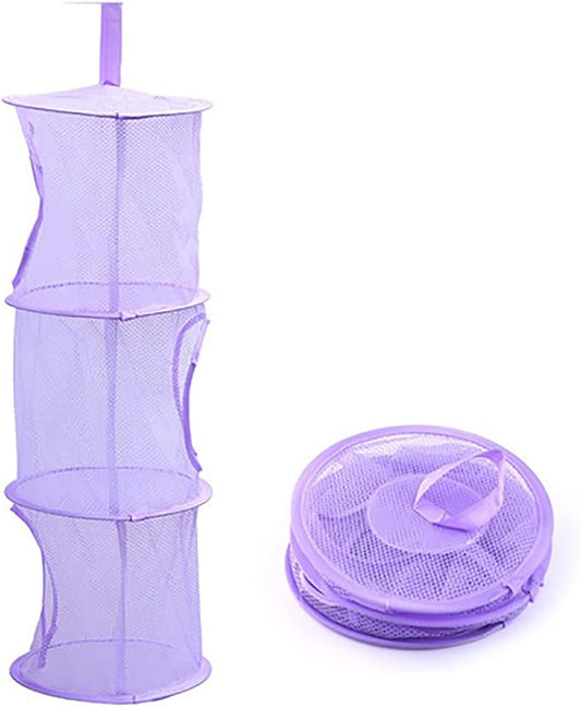 Mesh Hanging Storage Basket With 3 Compartments Foldable Hanging Storage Organizer Net Bag for Toys Storage, Space Saver Sundries Clothes Bra Underwear Socks Drying Basket Laundry Hamper (Purple)