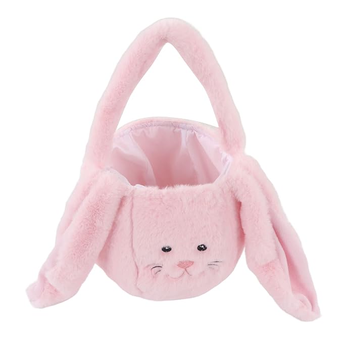 Plush Easter Bunny Basket, Children Easter Basket, Cute Cartoon Long Ears Bunny Egg Basket with Soft Plush Material, Perfect for Easter Egg Hunt and Festive Decorations (Pinkish)