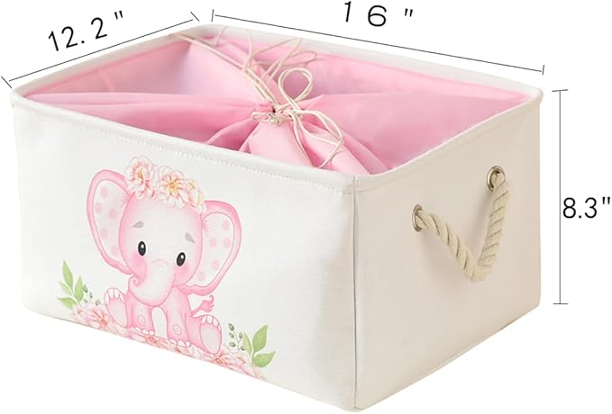 INough Large Nursery Elephant Baby Basket for Shower Gift - Pink Girl Gift Bag, Collapsible and Empty - Decor for Kidsroom, Nursery, Play Room (Large)
