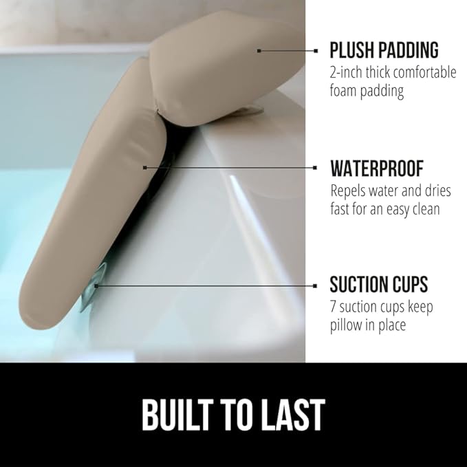 GORILLA GRIP Bath Pillow for Tub, Strong Suction Cups, Luxury Bathtub Pillows, Headrest Neck and Back Support, Relaxing Hot Tub and Home Spa Accessories, Bathroom Essentials, Gifts for Women, Beige