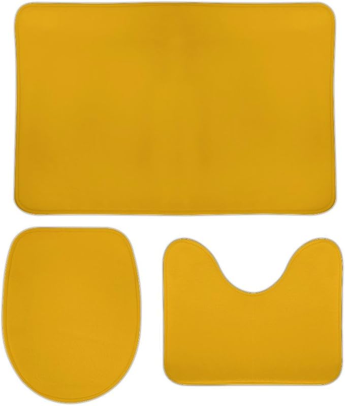 3 Pieces Bath Rug Sets, Mustard Yellow Bathroom Mat Set Non Slip U Shaped Contour Rug & Toilet Lid Cover