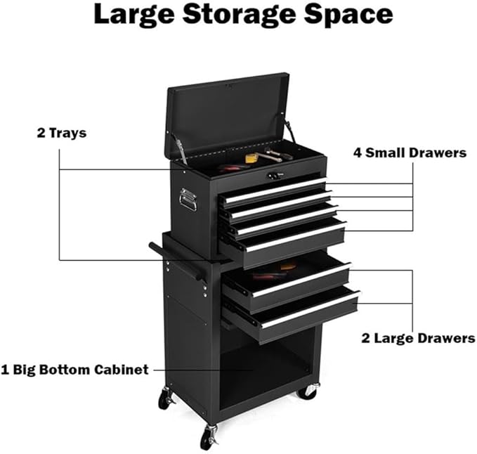 Pemberly Row Rolling Cabinet Storage Chest Organizer, Steel Construction, Black Powder-Coated Finish, 6 Drawers with Lockable Compartments, Swivel Casters with Brakes, Tool Storage for Garages and