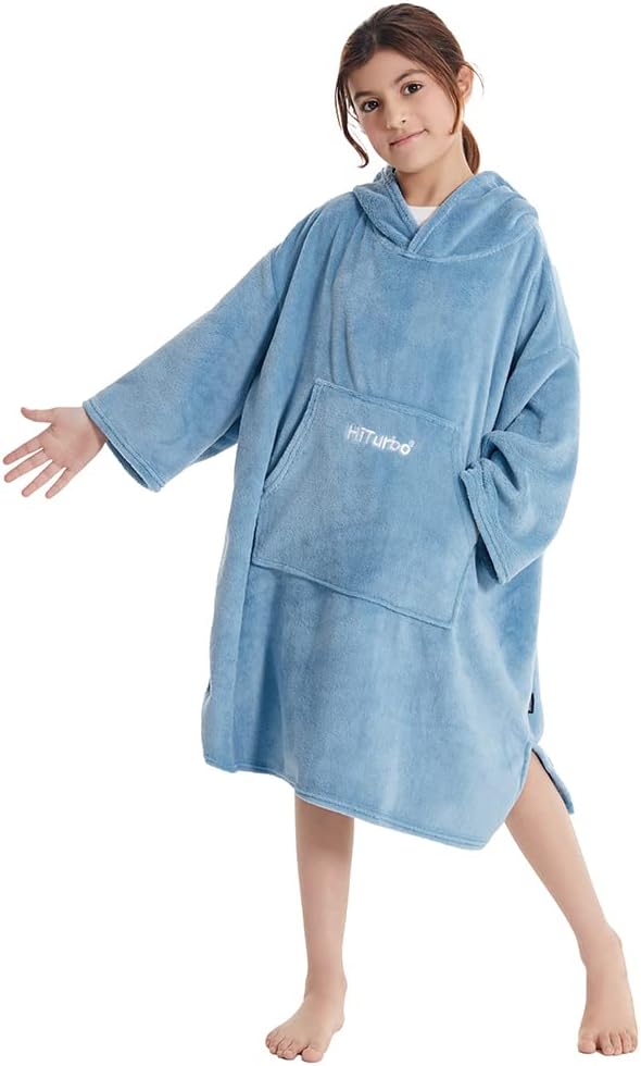 Hiturbo Kids Towel Changing Robe: Soft Plush Wearable Blanket - Warm Coral Fleece Hoodie - Swim Surf Poncho for 5-12 Years (Blue)