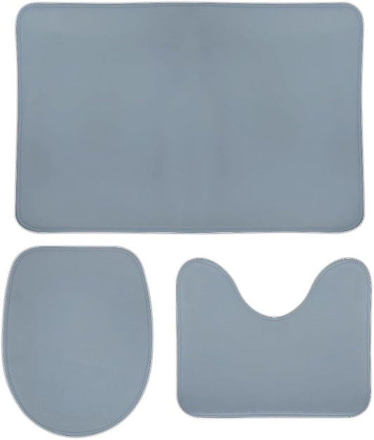 3 Pieces Bath Rug Sets, Dusty Blue Color Bathroom Mat Set Non Slip U Shaped Contour Rug & Toilet Lid Cover