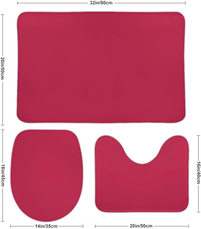 3 Pieces Bath Rug Sets, Solid Magenta Red Bathroom Mat Set Non Slip U Shaped Contour Rug & Toilet Lid Cover