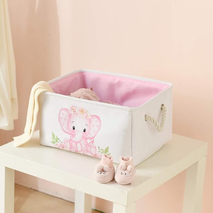 INough Pink Basket Elephant Storage Bins for Kids, Gift Box for Baby,Collapsible Storage Basket for Toys Clothes,Fabric Laundry Baskets for Baby/Kids/Nursery Room (Medium, Pink Elephant)