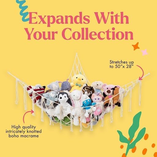 Lilly's Love Stuffed Animal Storage Macrame Hammock, Large - Boho Room Decor Toy Storage - Corner Hanging Plushie Stuffed Animal Net Organizer (Black)