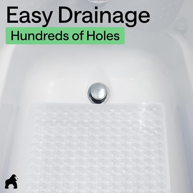 GORILLA GRIP Patented Bath Tub Shower Mat, Machine Washable Bathtub Floor Liner Mats, Suction Cups and Drain Holes to Keep Tubs Clean, Soft on Feet, Bathroom Essentials, 35x16 Inch, White