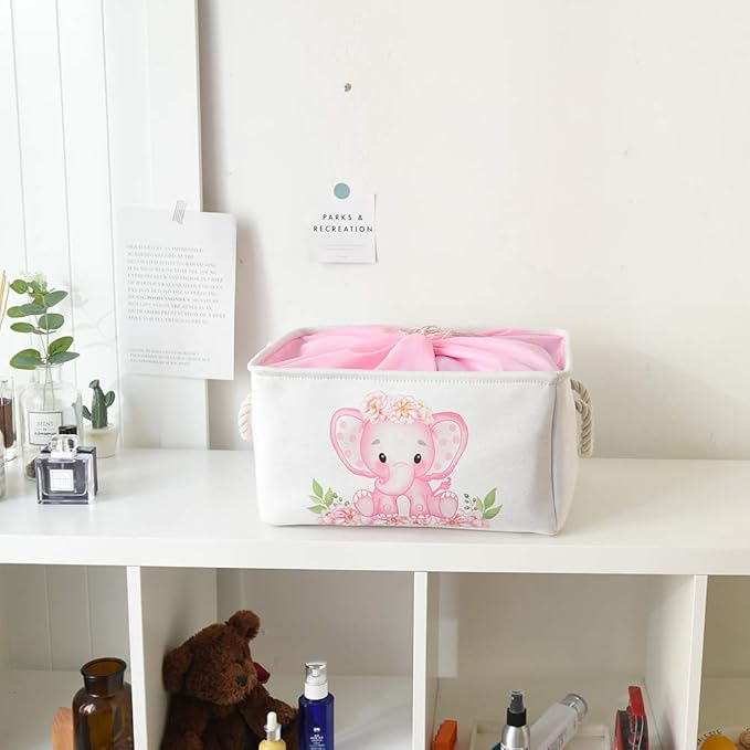 INough Pink Basket Elephant Storage Bins for Kids, Gift Box for Baby,Collapsible Storage Basket for Toys Clothes,Fabric Laundry Baskets for Baby/Kids/Nursery Room (Medium, Pink Elephant)